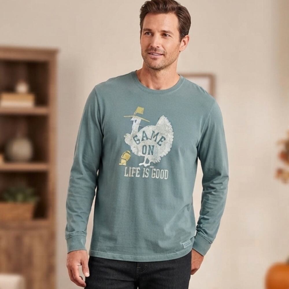 Life is Good Cotton Size L Long Sleeve Game on Turkey Thanksgiving Graphic Tee